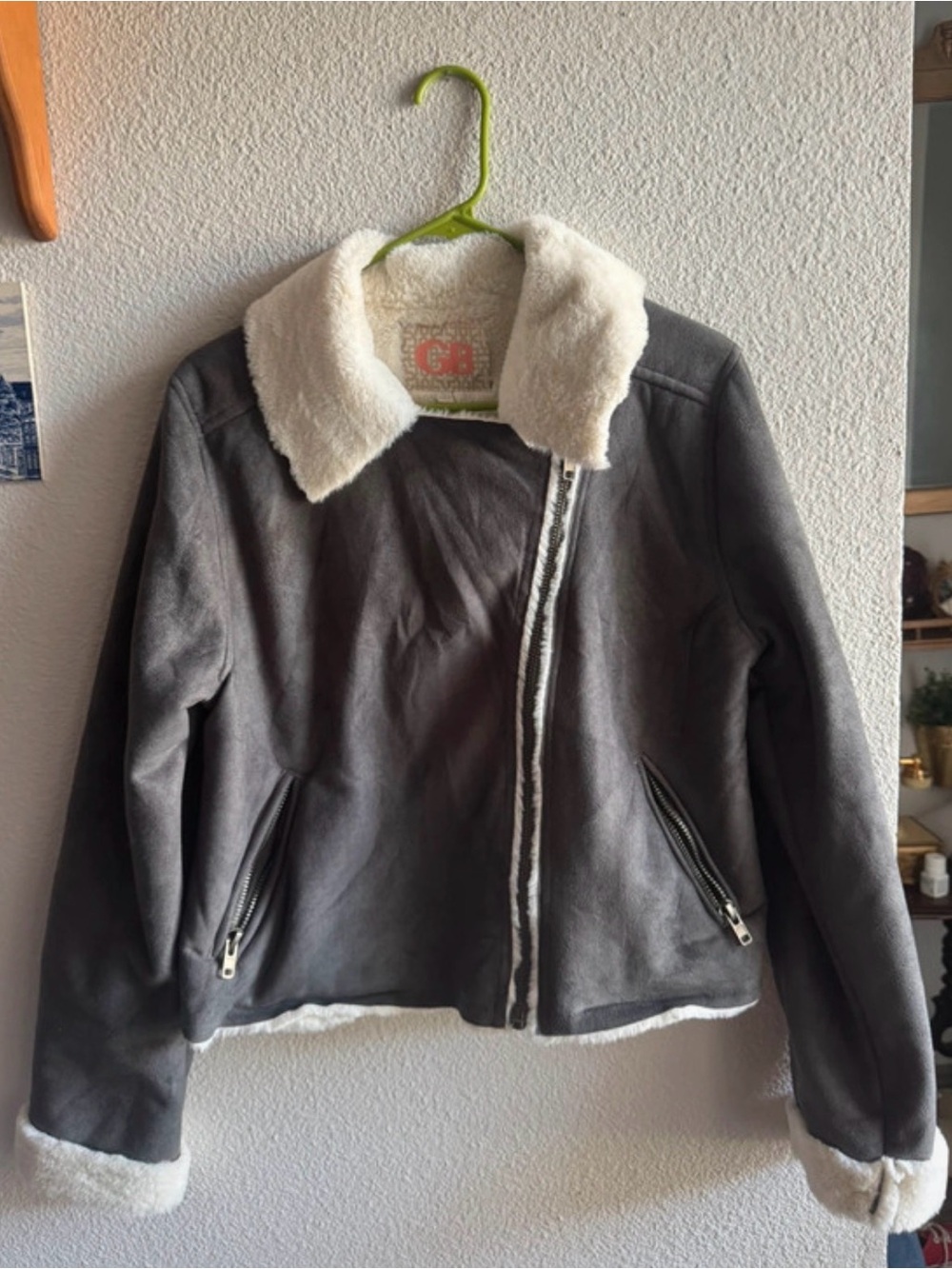 Gianni Bini Gray Sueded Jacket with Cream Sherpa Collar